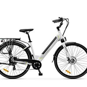 Argento E-Bike Omega, Motore 250W, Freni a Disco, Batteria 374Wh, Fino a 70km, Schermo LCD, Cambio Shimano 7 Rapporti, Bianco