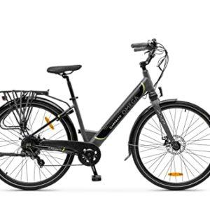 Argento E-Bike Omega, Motore 250W, Freni a Disco, Batteria 374Wh, Fino a 70km, Schermo LCD, Cambio Shimano 7 Rapporti, Nero