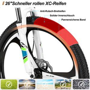HILAND 26 Pollici Mountain Bike MTB con Telaio in Alluminio Freno a Disco Forcella Ammortizzata 3/6 Ruote a Raggi per Uomo Donna Ragazzo Ragazza Bicicletta Bianco/Nero - immagine 7