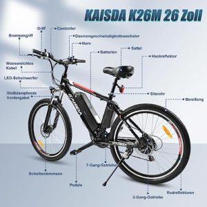 KAISDA Bicicletta Elettrica K26M 26",Mountain Bike Elettrica per Uomo/Donna,Con Batteria rimovibile da 36 V/12.5 Ah,Cambio Shimano - 21 Velocità, E-Mountain Bike fino a 40-75 KM - immagine 5