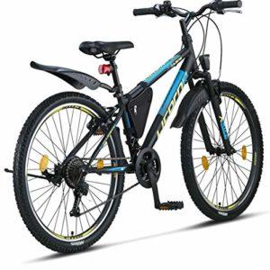Licorne Bike - Mountain bike 26” cambio a 21 marce, forcella ammortizzata, bicicletta per bambini, ragazzi, donne e uomini, con borsa per il telaio, Bambino Uomo, Nero/Blu/Lime - immagine 4