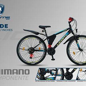 Licorne Bike - Mountain bike 26” cambio a 21 marce, forcella ammortizzata, bicicletta per bambini, ragazzi, donne e uomini, con borsa per il telaio, Bambino Uomo, Nero/Blu/Lime - immagine 6