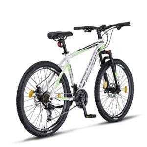 Licorne Bike - Mountain bike Diamond in alluminio, bicicletta per adolescenti, uomini e donne, cambio a 21 marce, freno a disco, forcella anteriore regolabile (26 pollici, bianco) - immagine 4