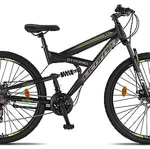 Licorne Bike Strong 2D Premium Mountain Bike Bicicletta per ragazzi, ragazze, donne e uomini – Freno a disco anteriore e posteriore – 21 marce – Sospensione completa (nero/lime, 29.00) - immagine 3