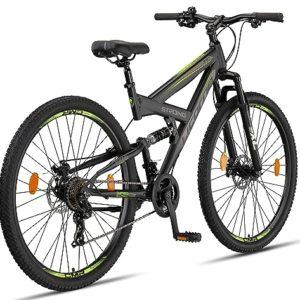 Licorne Bike Strong 2D Premium Mountain Bike Bicicletta per ragazzi, ragazze, donne e uomini – Freno a disco anteriore e posteriore – 21 marce – Sospensione completa (nero/lime, 29.00) - immagine 4