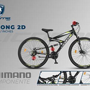 Licorne Bike Strong 2D Premium Mountain Bike Bicicletta per ragazzi, ragazze, donne e uomini – Freno a disco anteriore e posteriore – 21 marce – Sospensione completa (nero/lime, 29.00) - immagine 6