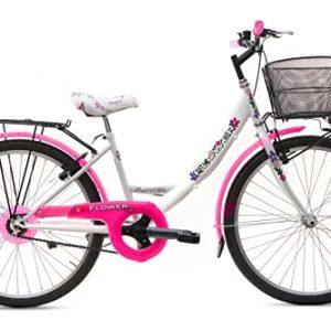 MADICKS Bicicletta Bambina Ragazza da Passeggio Misura 24 Bici con Cestino Floreale Bianco Rosa Fluo