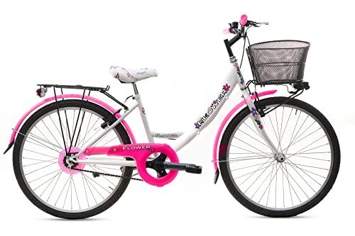 MADICKS Bicicletta Bambina Ragazza da Passeggio Misura 24 Bici con Cestino Floreale Bianco Rosa Fluo 0 Prodotti