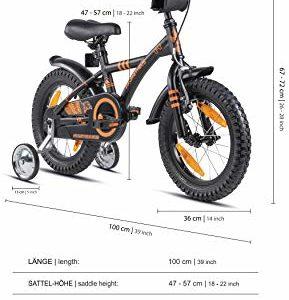 Prometheus - Bicicletta per bambini da 14 pollici, con ruote di supporto a partire dai 4 anni in su, 14 pollici, modello BMX, colore nero, arancione opaco - immagine 4