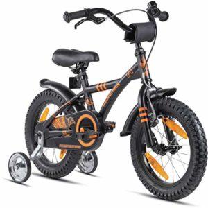 Prometheus - Bicicletta per bambini da 14 pollici, con ruote di supporto a partire dai 4 anni in su, 14 pollici, modello BMX, colore nero, arancione opaco