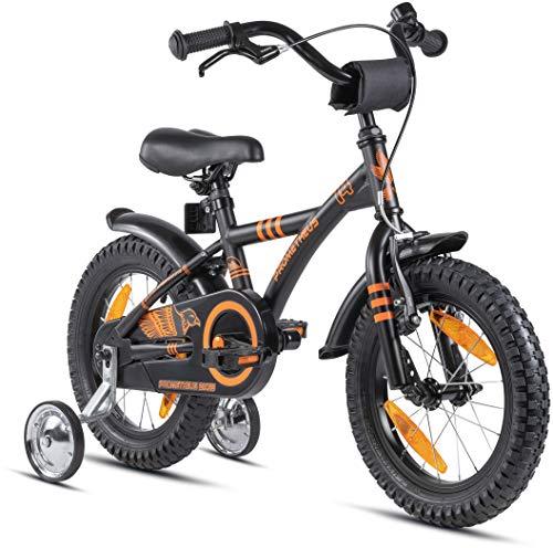 Prometheus Bicicletta per bambini da 14 pollici con ruote di supporto a partire dai 4 anni in su 14 pollici modello BMX colore nero arancione opaco 0 Prodotti