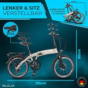 VELOJA® Ebike Bicicletta Pieghevole – Bicicletta elettrica pieghevole – 20 pollici – Equipaggiamento StZVO – Motore a mozzo posteriore da 250 W 41 Nm, fino a 100 km di distanza – 9 marce – 5 livelli - immagine 7
