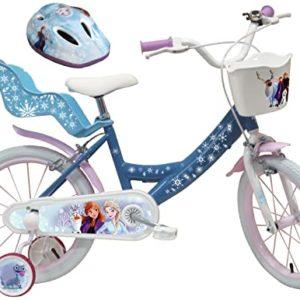 A.T.L.A.S. Bicicletta da bambino da 16", Frozen Frozen dotata di 2 freni, cestino anteriore, porta bambola posteriore, parafanghi e stabilizzatori + casco congelato incluso
