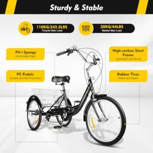 20 "8 Marce Triciclo Adulto Con 3 Ruote E Grande Cestino Di Alta Qualità Nero Bianco Bici Cestino Pieghevole Cruiser Biciclet - immagine 3
