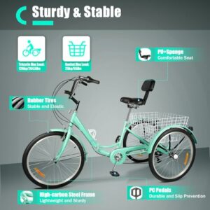 TONFEION Triciclo pieghevole da 24 pollici, per adulti, 3 ruote, 7 marce, per adulti, colore turchese, per anziani - immagine 3