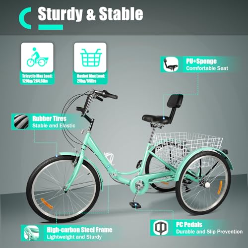 B0CTY9VTS7 1 69c2c07d990c4 TONFEION Triciclo pieghevole da 24 pollici, per adulti, 3 ruote, 7 marce, per adulti, colore turchese, per anziani