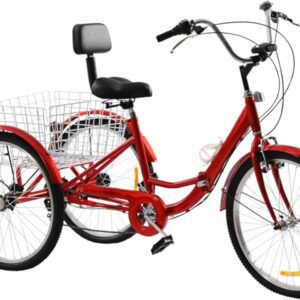 TONFEION Triciclo pieghevole da 24 pollici, per adulti, 3 ruote, 7 marce, per adulti, triciclo rosso, per anziani, anziani