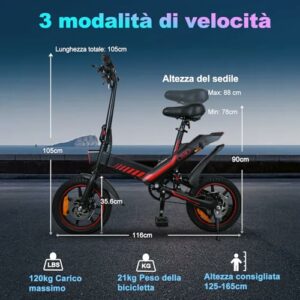 YOBACARID 14" Bici Elettrica Pieghevole, 36V 6.0AH Batteria 250W Motore, Fino a 25-35km, Freni a Doppio Disco e Velocità Mass - immagine 5