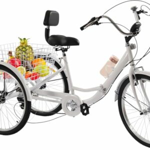 BYUAK Triciclo pieghevole per adulti, 24 pollici, 7 marce, 3 ruote, bicicletta per adulti, con cestino, bicicletta per la spe