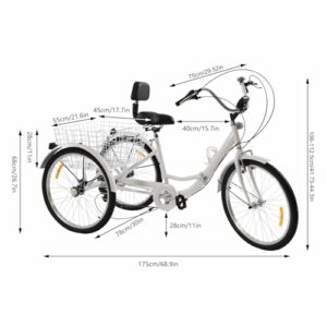 BYUAK Triciclo pieghevole per adulti, 24 pollici, 7 marce, 3 ruote, bicicletta per adulti, con cestino, bicicletta per la spe - immagine 4