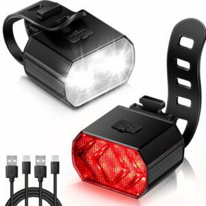 Vinabo Kit Luci Bicicletta - Faro e Fanale Posteriore, Ricarica USB, Impermeabile IPX6, 6 Modalità di illuminazione, Leggero