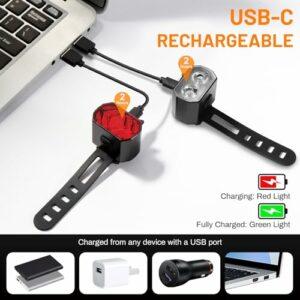 Vinabo Kit Luci Bicicletta - Faro e Fanale Posteriore, Ricarica USB, Impermeabile IPX6, 6 Modalità di illuminazione, Leggero - immagine 4