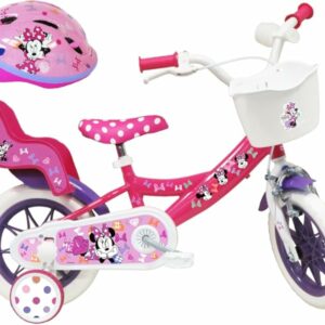 Bicicletta da Bambino 12' Minnie Disney Dotata di 1 Freno, Cestino Anteriore, Porta Bambola Posteriore, parafanghi + Casco In