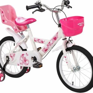 Baroni Toys Bicicletta per Bambine Rosa con Design Sile Cuori con Porta Bambola e Rotelle Inclusi, Bici in Acciaio con Cestin - immagine 1