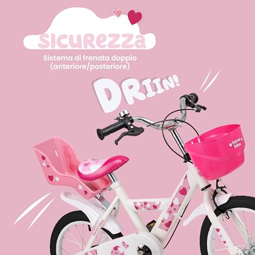 B0D9HJKK1L gal 1 69cfa2159c4c9 Baroni Toys Bicicletta per Bambine Rosa con Design Sile Cuori con Porta Bambola e Rotelle Inclusi, Bici in Acciaio con Cestin