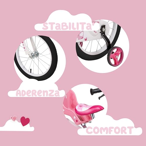 B0D9HJKK1L gal 2 69cfa21778a1d Baroni Toys Bicicletta per Bambine Rosa con Design Sile Cuori con Porta Bambola e Rotelle Inclusi, Bici in Acciaio con Cestin