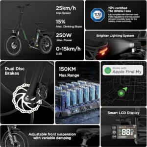 HITWAY Bici Elettrica BK6SL1-36V15.6Ah, 250W E Bike da 20 pollici, Autonomia 70-150km, 7 Velocità, Controllo APP, Pieghevo... - immagine 3