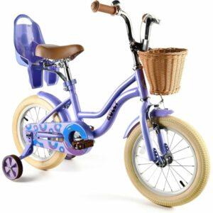 RULLY Bicicletta Bambina con Rotelle, Cestino e Seggiolino per Bambola, Sella Regolabile, per 2–7 Anni, Rosa/Viola/Blu